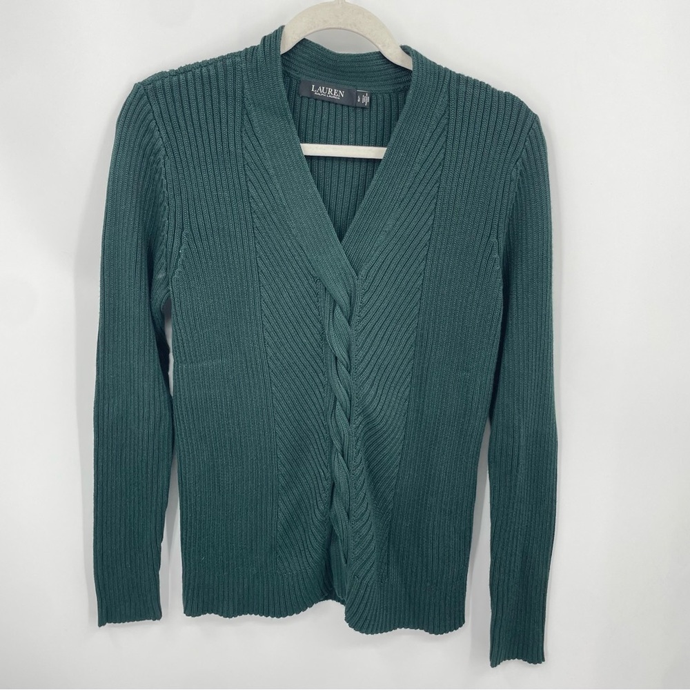 Lauren Ralph Lauren Black Label Green ribbed braided detail Sweater V-Neck L